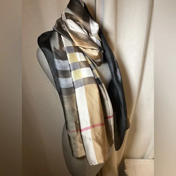 Tartan Plaid 100% Silk Heritage Check Scarf Wrap Neutral Camel/Black Equestrian - Picture 8 of 9